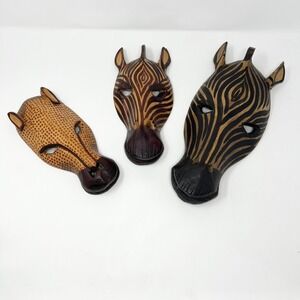 African Hand Carved Zebra Mask Decor Wall Hanging Handcrafted Safari Set of 3